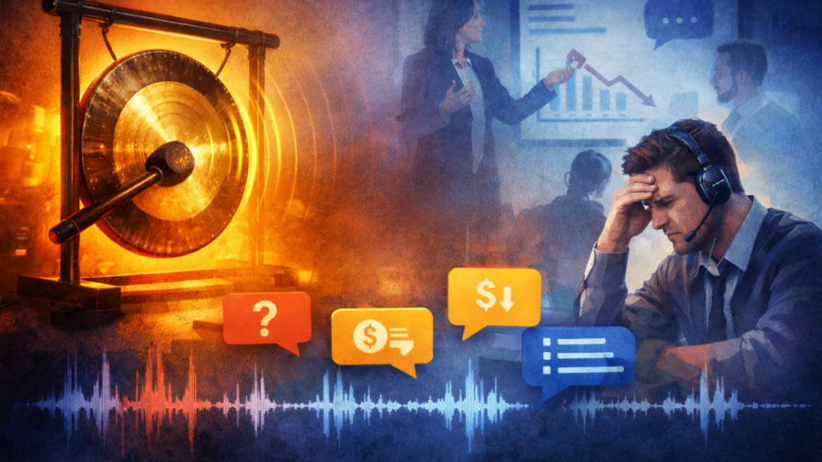 graphic of sales leader listening to a recording of a sales call between a seller and a customer. the leader appears disturbed over what they're hearing